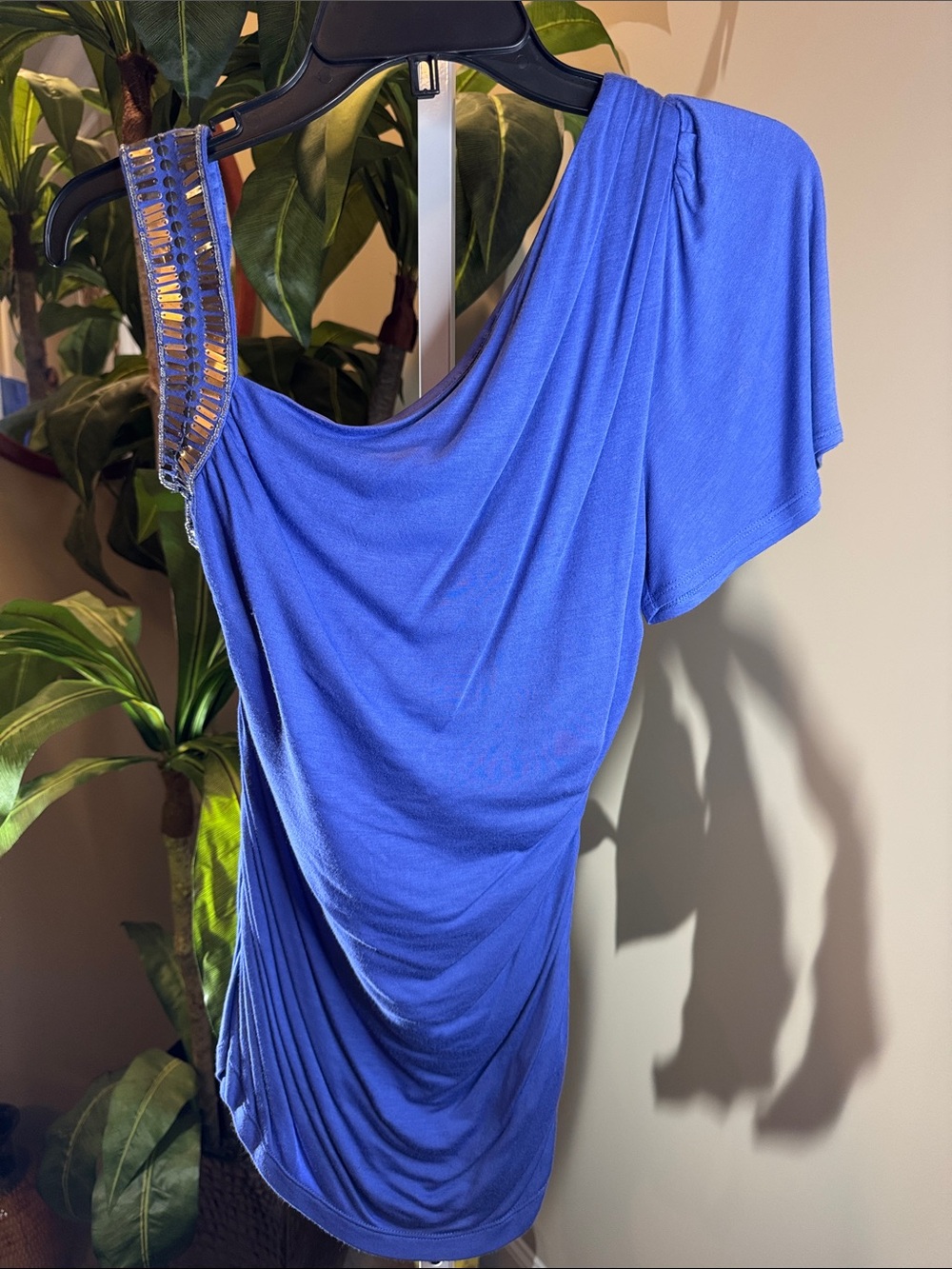 One-Shoulder Blueish/ Purple Draped Women’s Top with Embellished Strap Size M